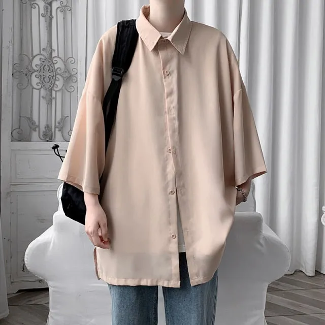 Aidase Summer Men Shirts Korean Style Loose Male Shirts Solid Color Short Sleeve Tops Man Baggy Casual Couple Clothes