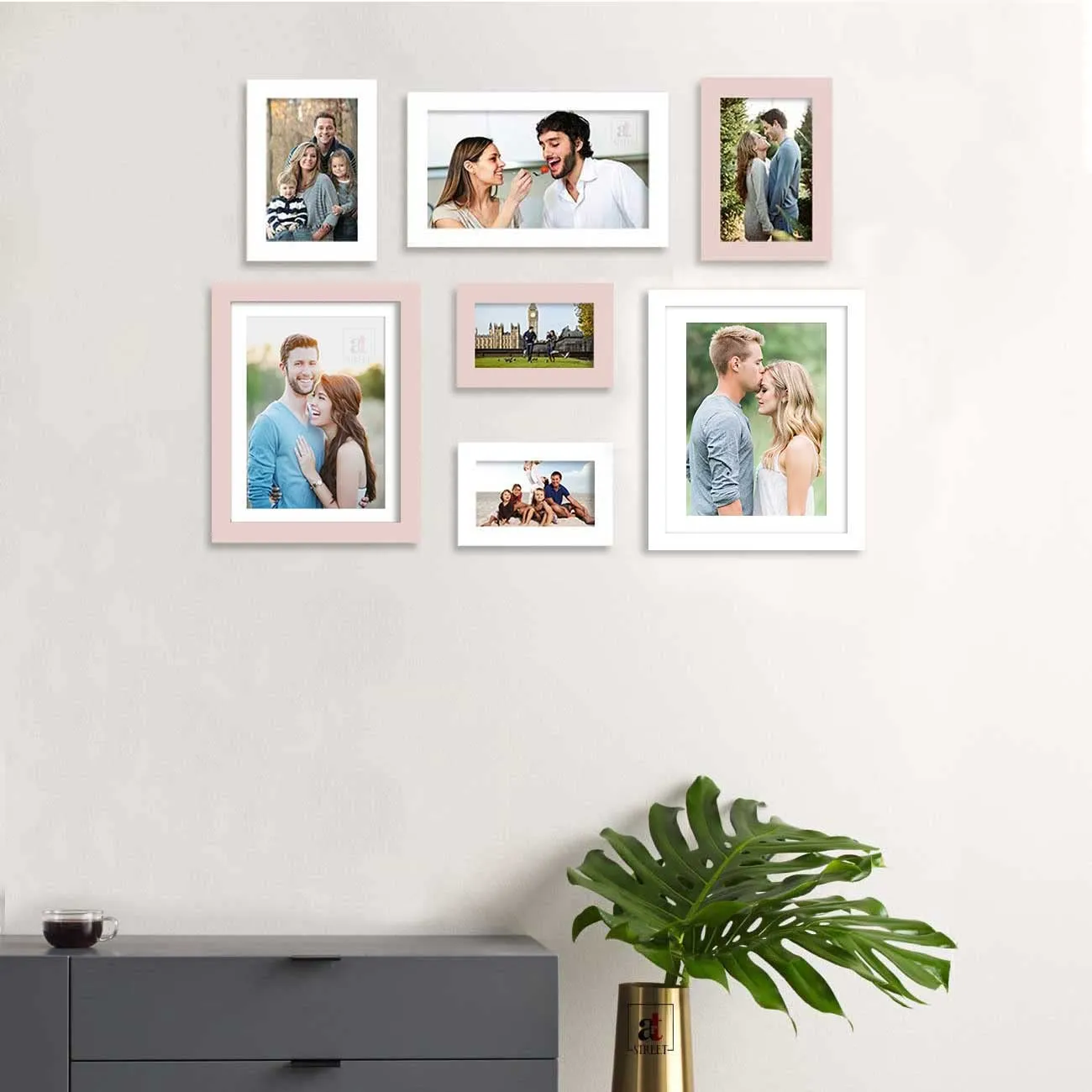 Art Street Set of 7 White & Pink Wall Photo Frame for Home Decor, Picture Frame for Living Room Wall Decoration Mix Size (White & Pink, 4x6, 5 x7, 8x10 Inchs)