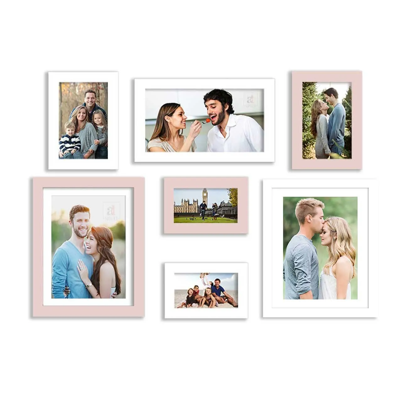 Art Street Set of 7 White & Pink Wall Photo Frame for Home Decor, Picture Frame for Living Room Wall Decoration Mix Size (White & Pink, 4x6, 5 x7, 8x10 Inchs)