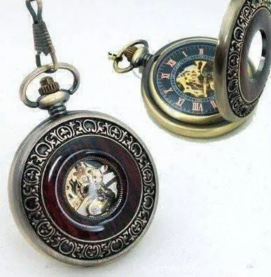 Bronze and Wood Antique Style Steampunk Skeleton Pocket Watch