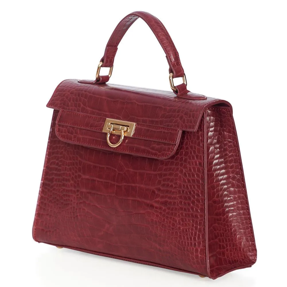 Burgundy Red Retro Crocodile Embossed Handbag