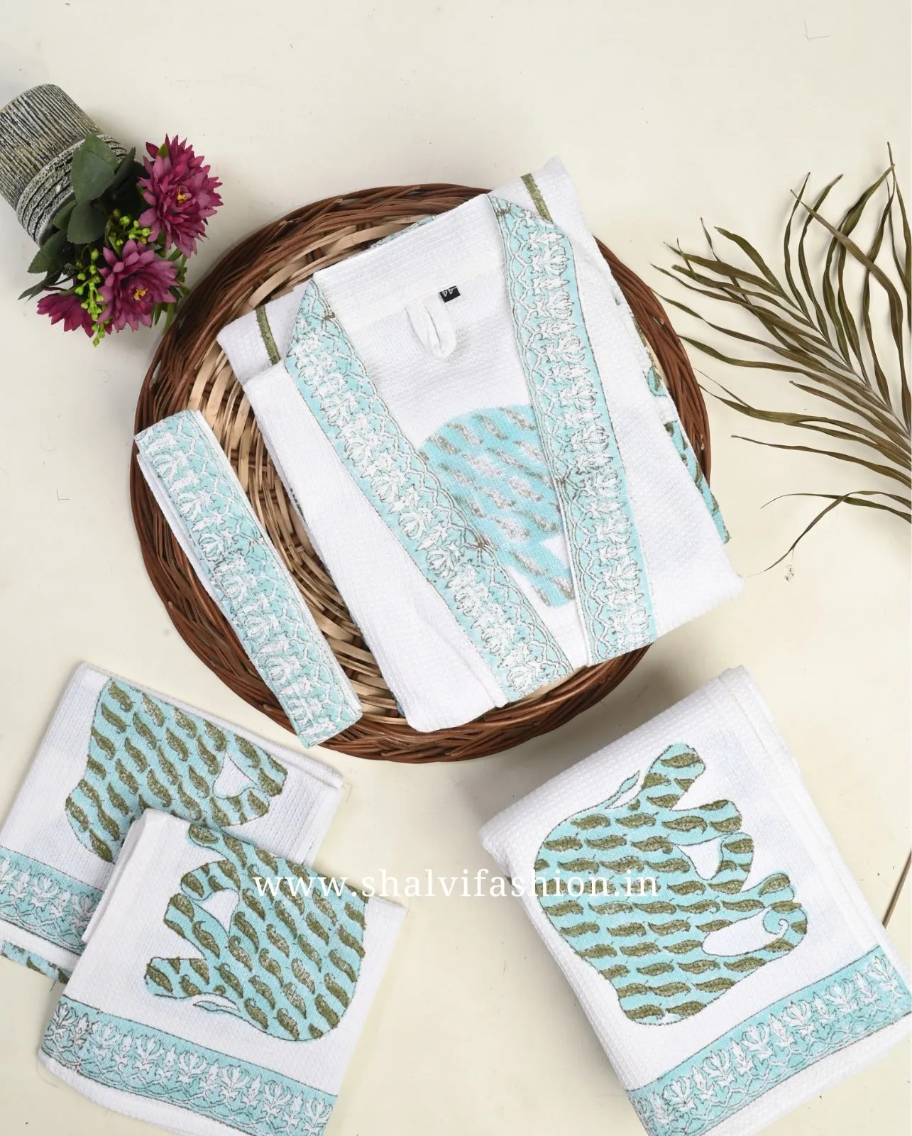 Buta Print Waffle Cotton Bath Linen Set (BLS06)