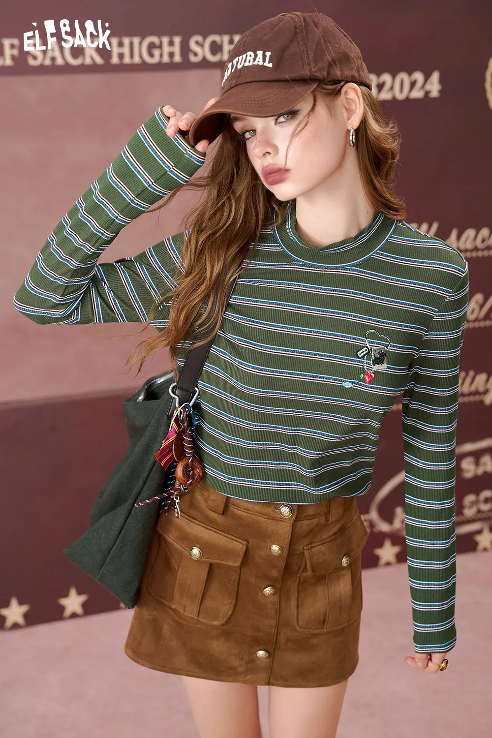 ELFSACK 2024 Autumn New Arrivals Love Embroidery Half-High Neck Striped Long Sleeve T-Shirt for Women