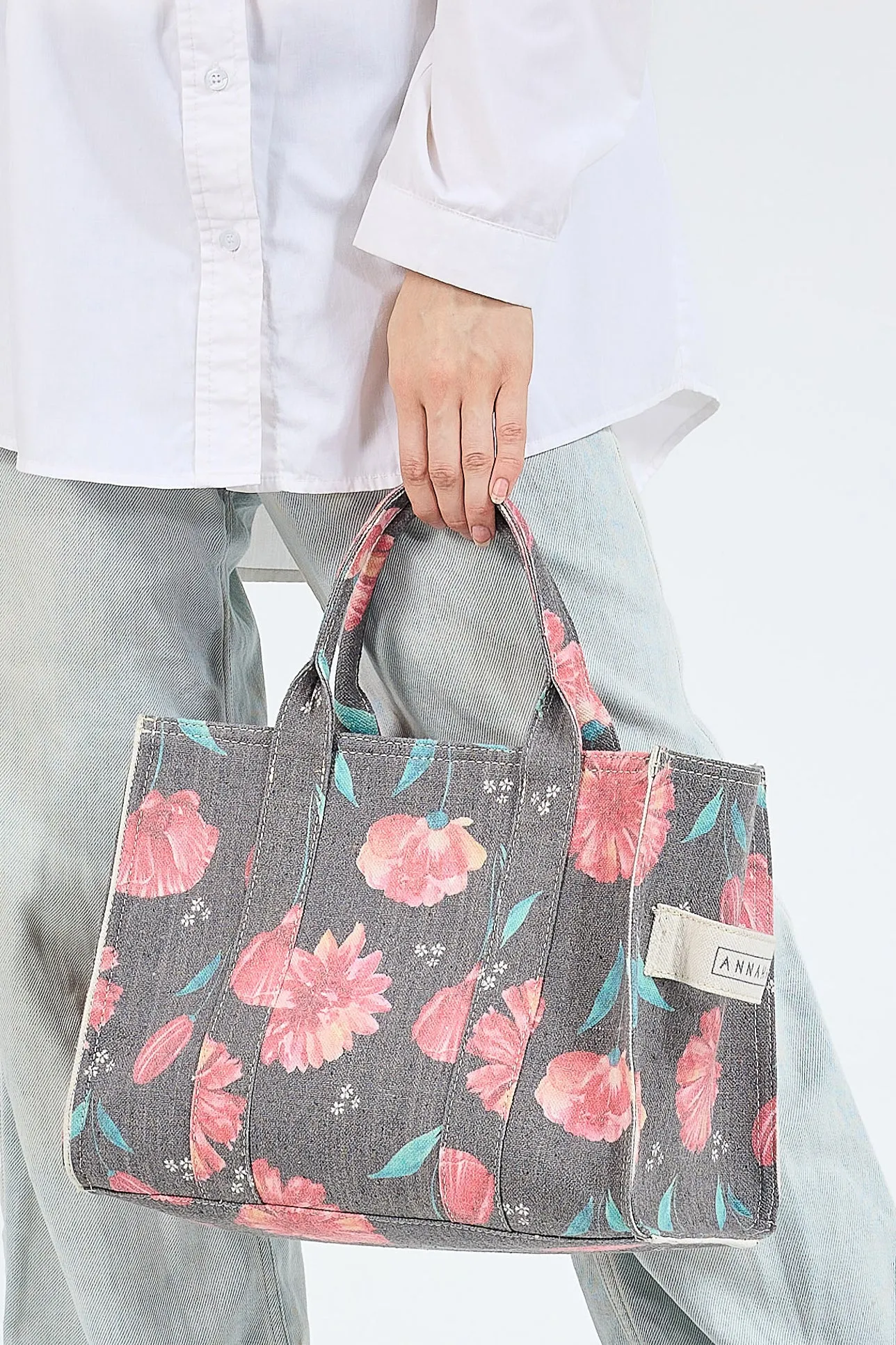 Floral Gray Cotton Canvas Tote Bag