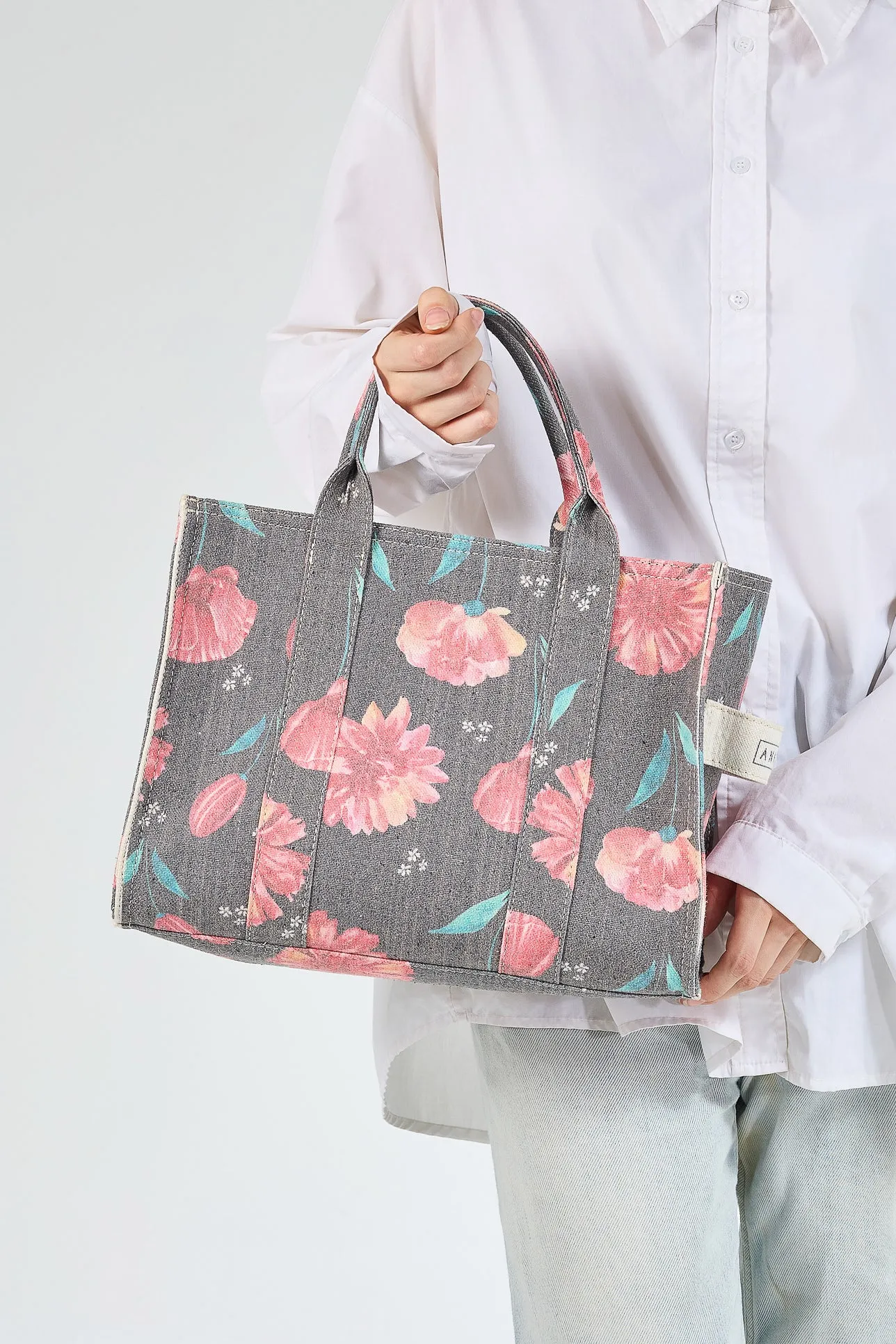 Floral Gray Cotton Canvas Tote Bag