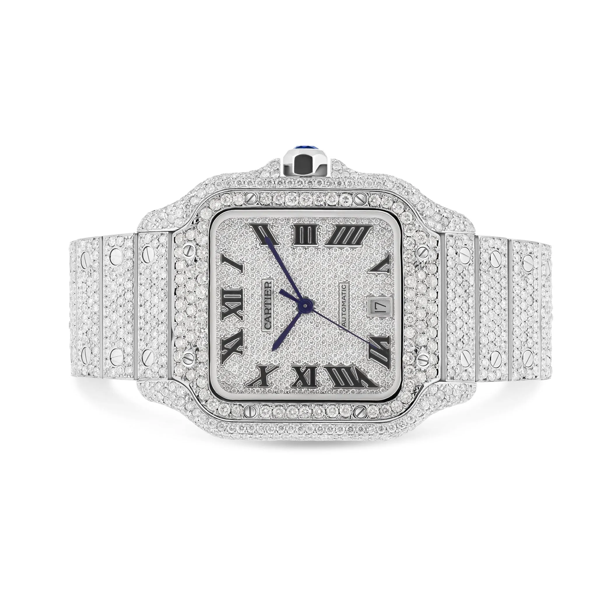 Full Diamond Santos de Cartier Watch with Silver Dial