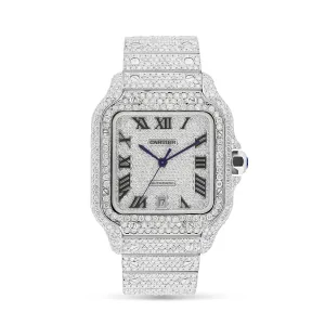 Full Diamond Santos de Cartier Watch with Silver Dial