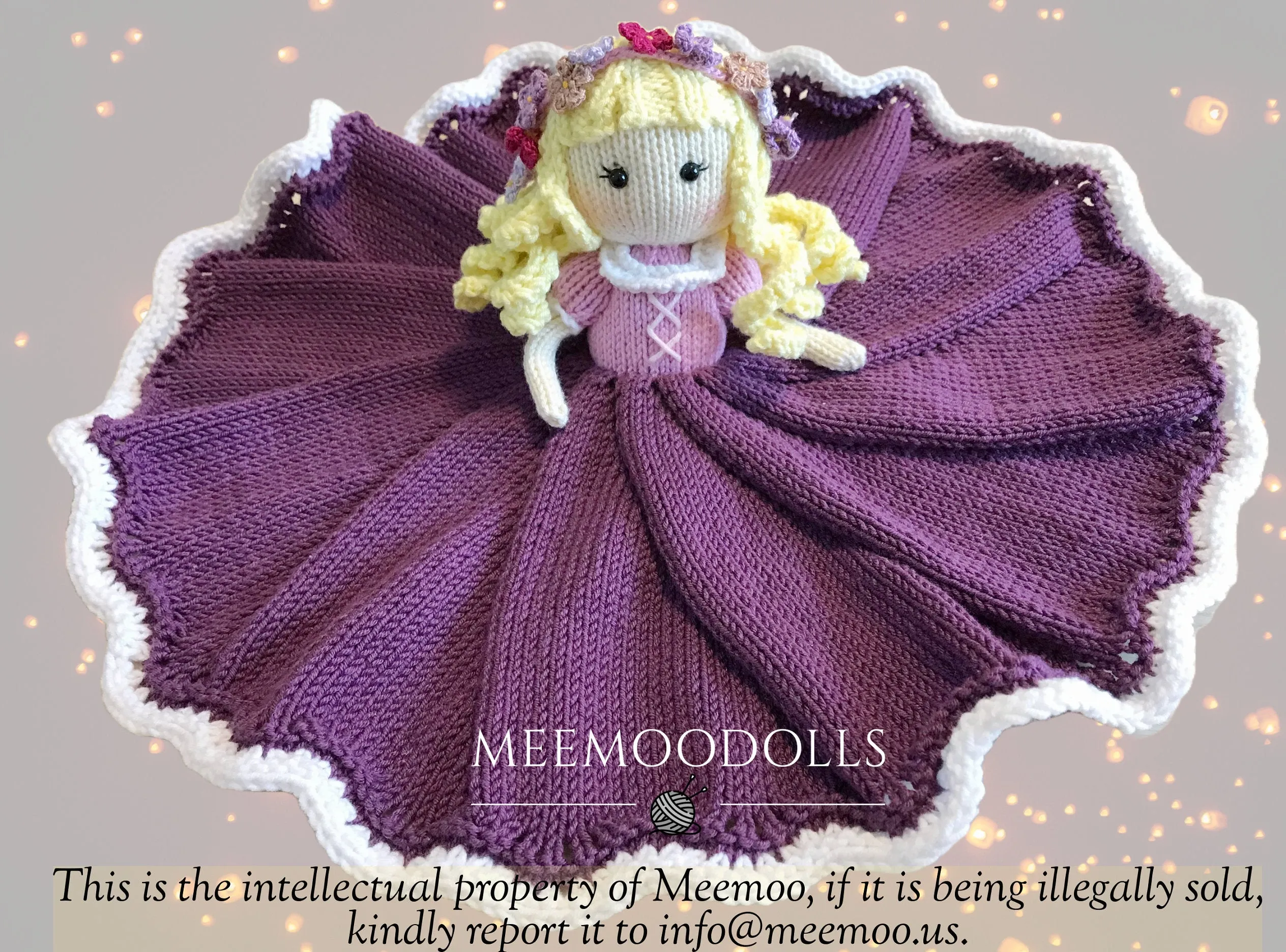 Golden Hair Princess Baby Blanket. Guide to knit security blanket. Knitted toy Patterns. Meemoodolls