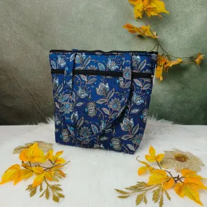 Medium Size Handbag Blue with Ash Grey Botanical Prints