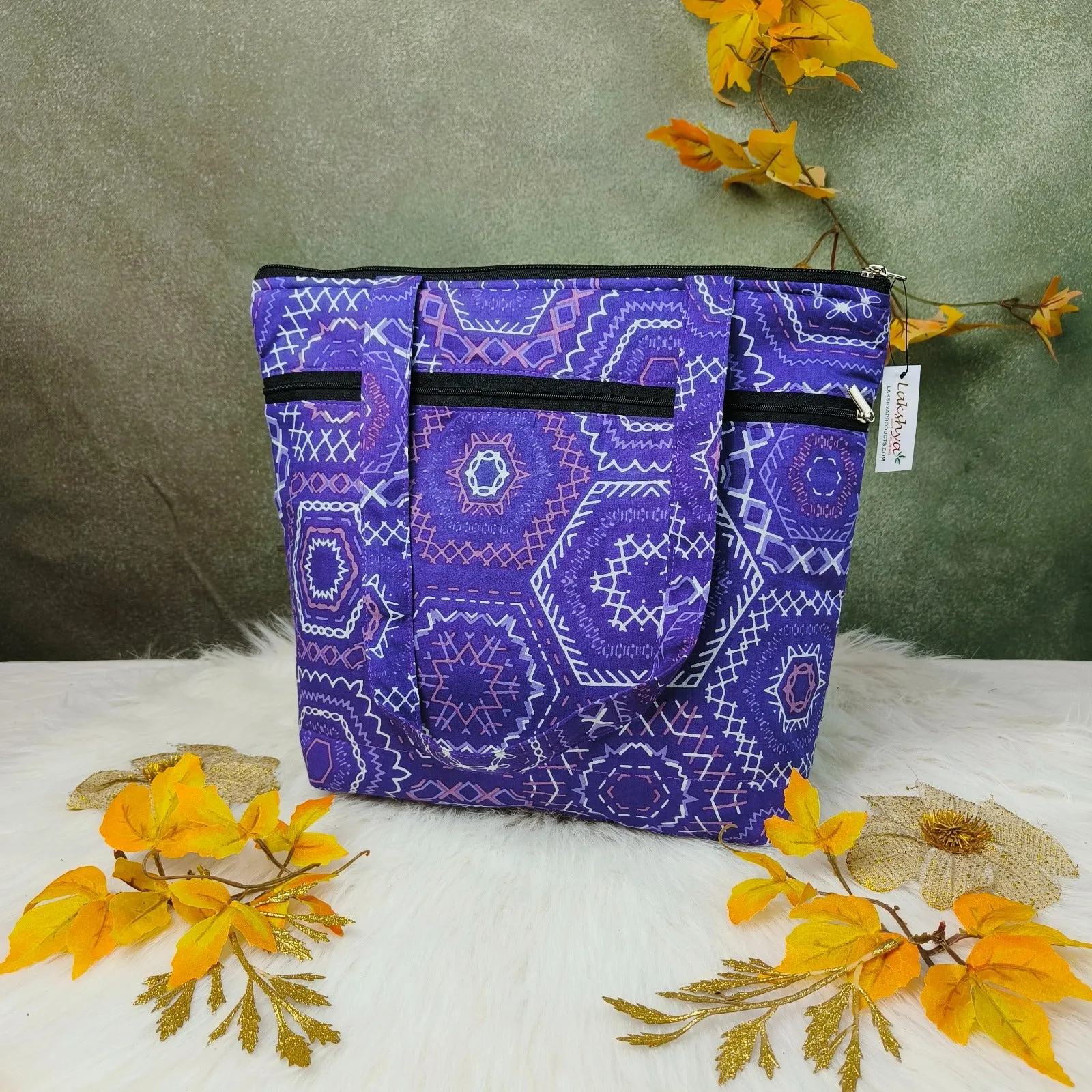 Medium Size Handbag Purple Pentagonal Prints Design