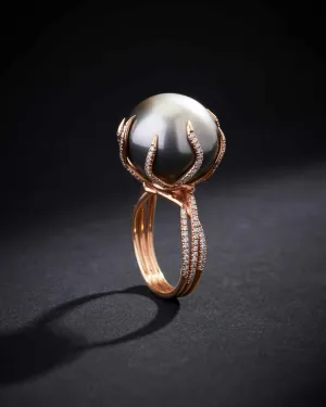 One of a Kind Cultured Pearl Enchanted Ring with Round Diamonds