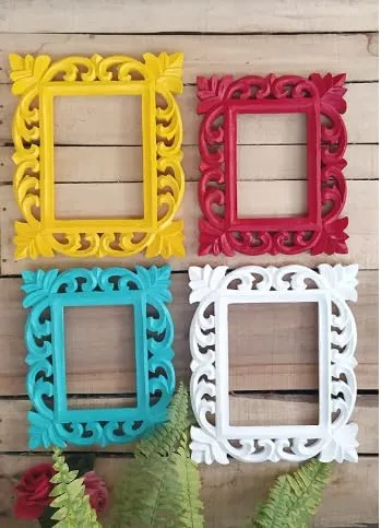 RAJ DECORS Set of 4 - Wooden Hand Carved Photo Frame for Wall Hanging Display - 5 x 7 Picture Frame - Wood Carving Polish Finish – Red, Blue, White and Yellow