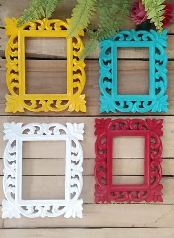 RAJ DECORS Set of 4 - Wooden Hand Carved Photo Frame for Wall Hanging Display - 5 x 7 Picture Frame - Wood Carving Polish Finish – Red, Blue, White and Yellow