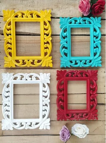 RAJ DECORS Set of 4 - Wooden Hand Carved Photo Frame for Wall Hanging Display - 5 x 7 Picture Frame - Wood Carving Polish Finish – Red, Blue, White and Yellow