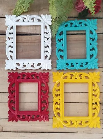 RAJ DECORS Set of 4 - Wooden Hand Carved Photo Frame for Wall Hanging Display - 5 x 7 Picture Frame - Wood Carving Polish Finish – Red, Blue, White and Yellow