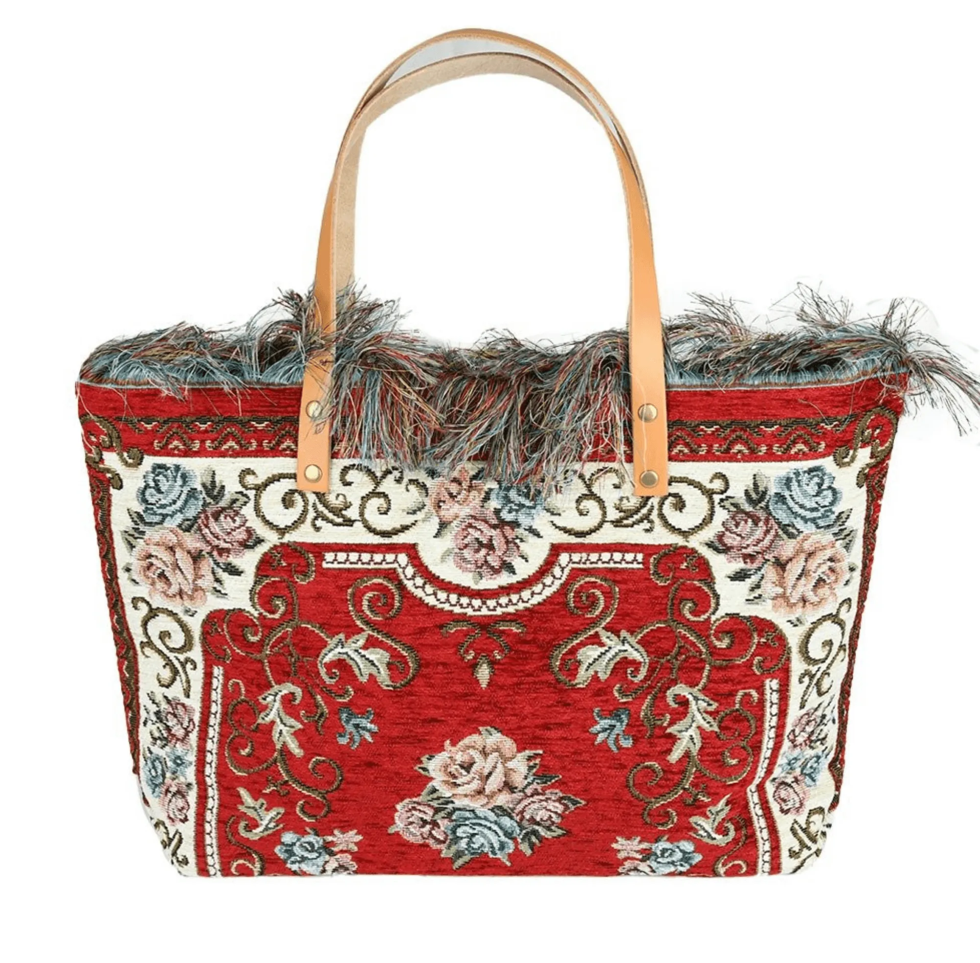 Red Tapestry Handbag Leather Handles Made In Italy Gorgeous