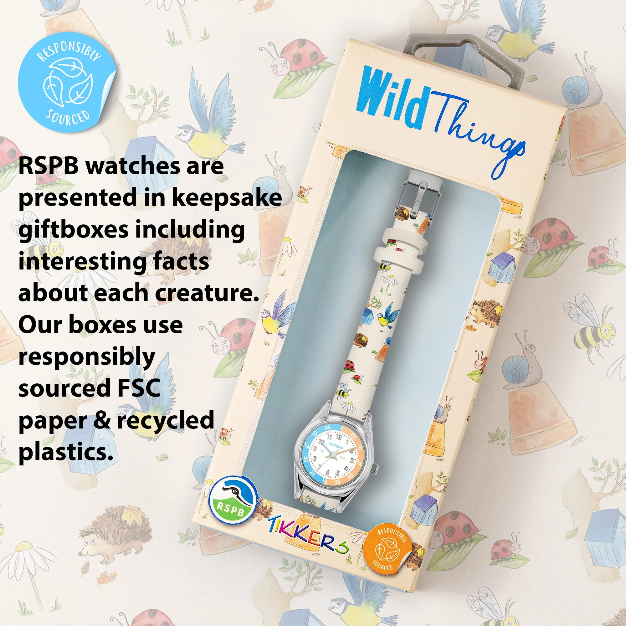 RSPB x Tikkers Wild Things Printed Strap Kids Time Teacher Watch