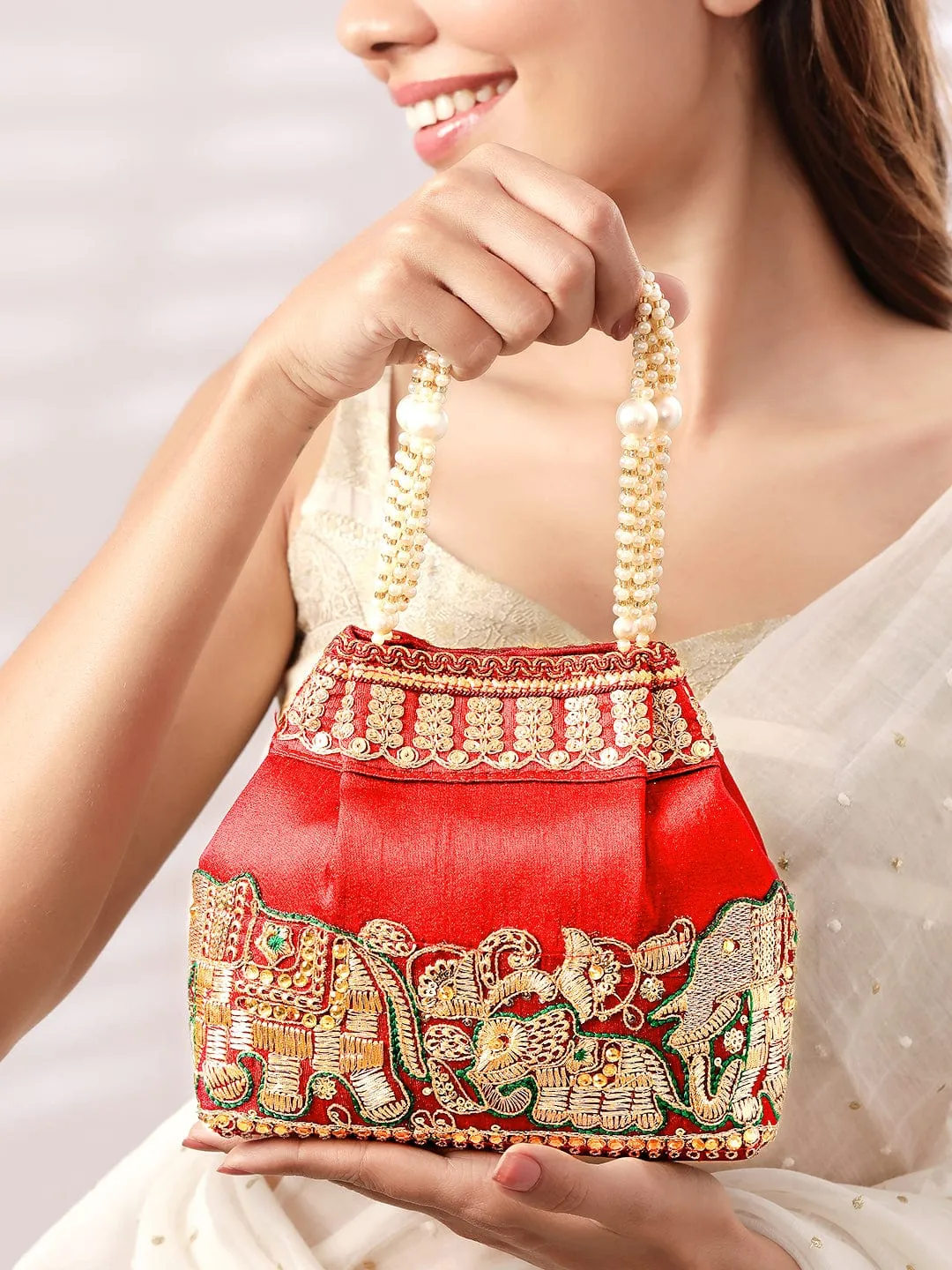 Rubans Red Embroidered & Green Border Potli Bag with Pearl Handle & Elephant Motif Details