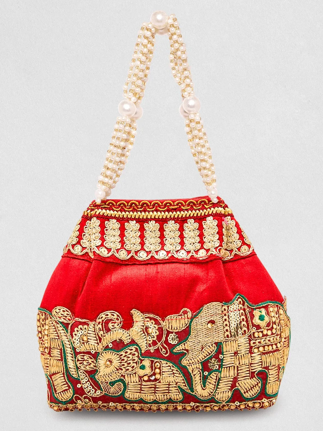 Rubans Red Embroidered & Green Border Potli Bag with Pearl Handle & Elephant Motif Details