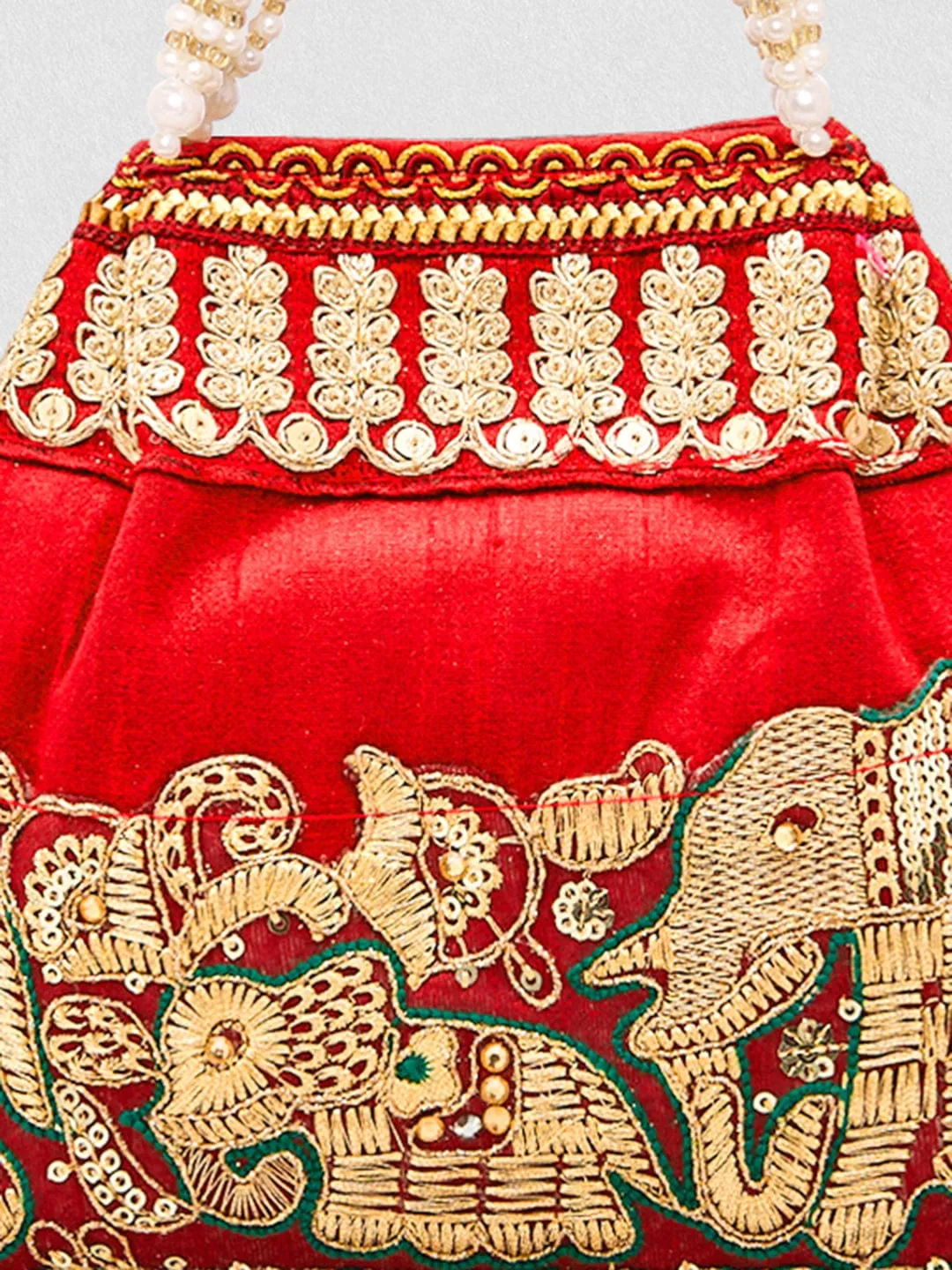 Rubans Red Embroidered & Green Border Potli Bag with Pearl Handle & Elephant Motif Details