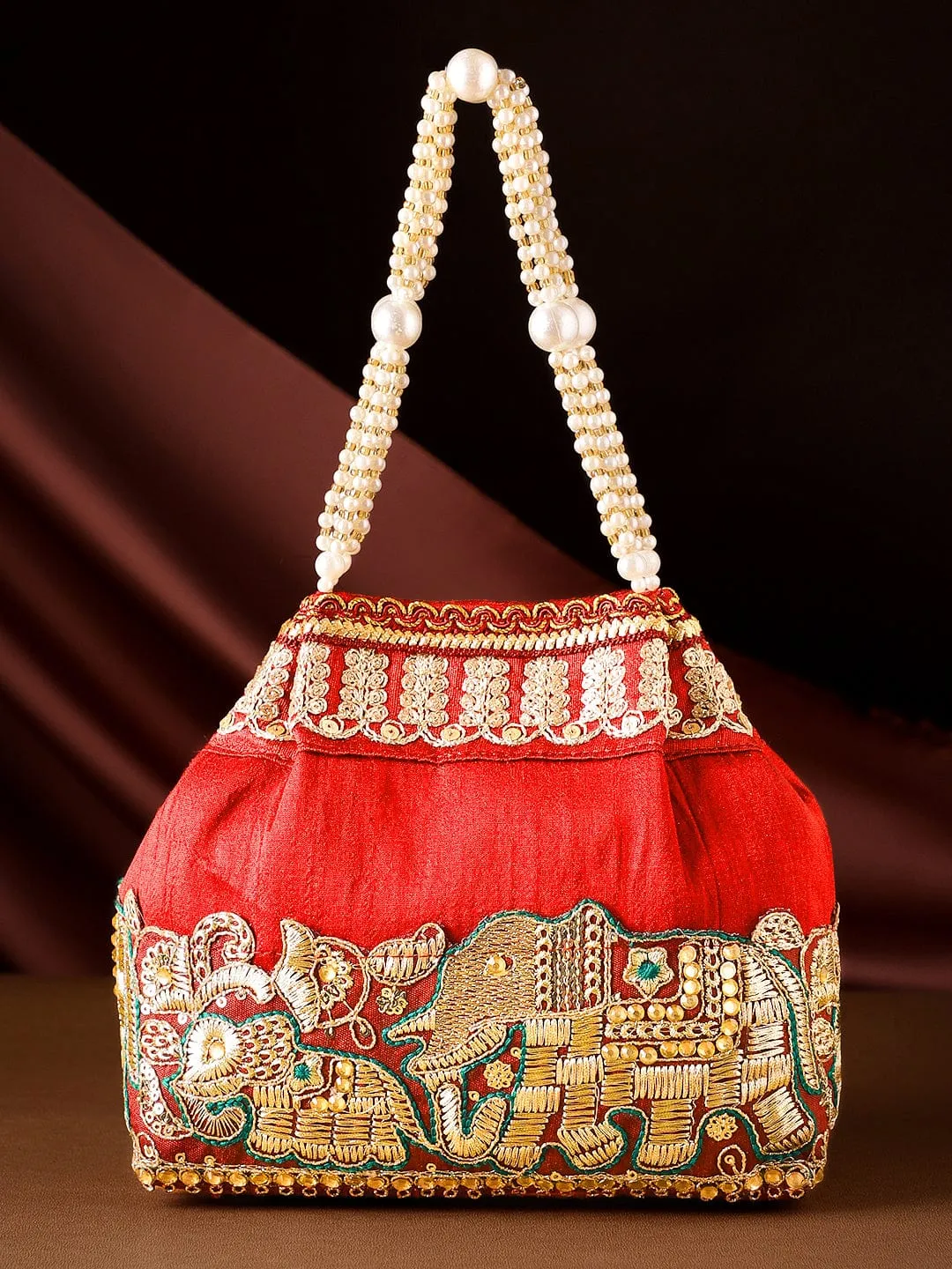 Rubans Red Embroidered & Green Border Potli Bag with Pearl Handle & Elephant Motif Details