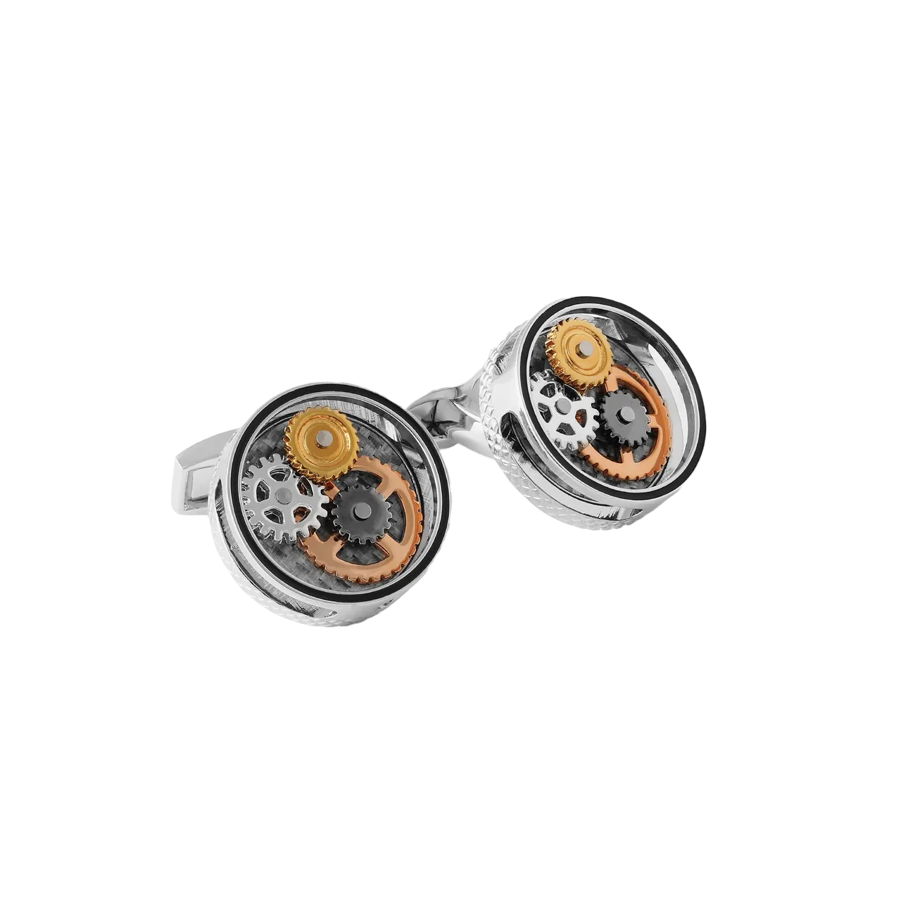 Tateossian Round Gear Carbon Fibre cufflinks with rhodium finish