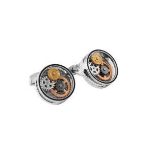 Tateossian Round Gear Carbon Fibre cufflinks with rhodium finish