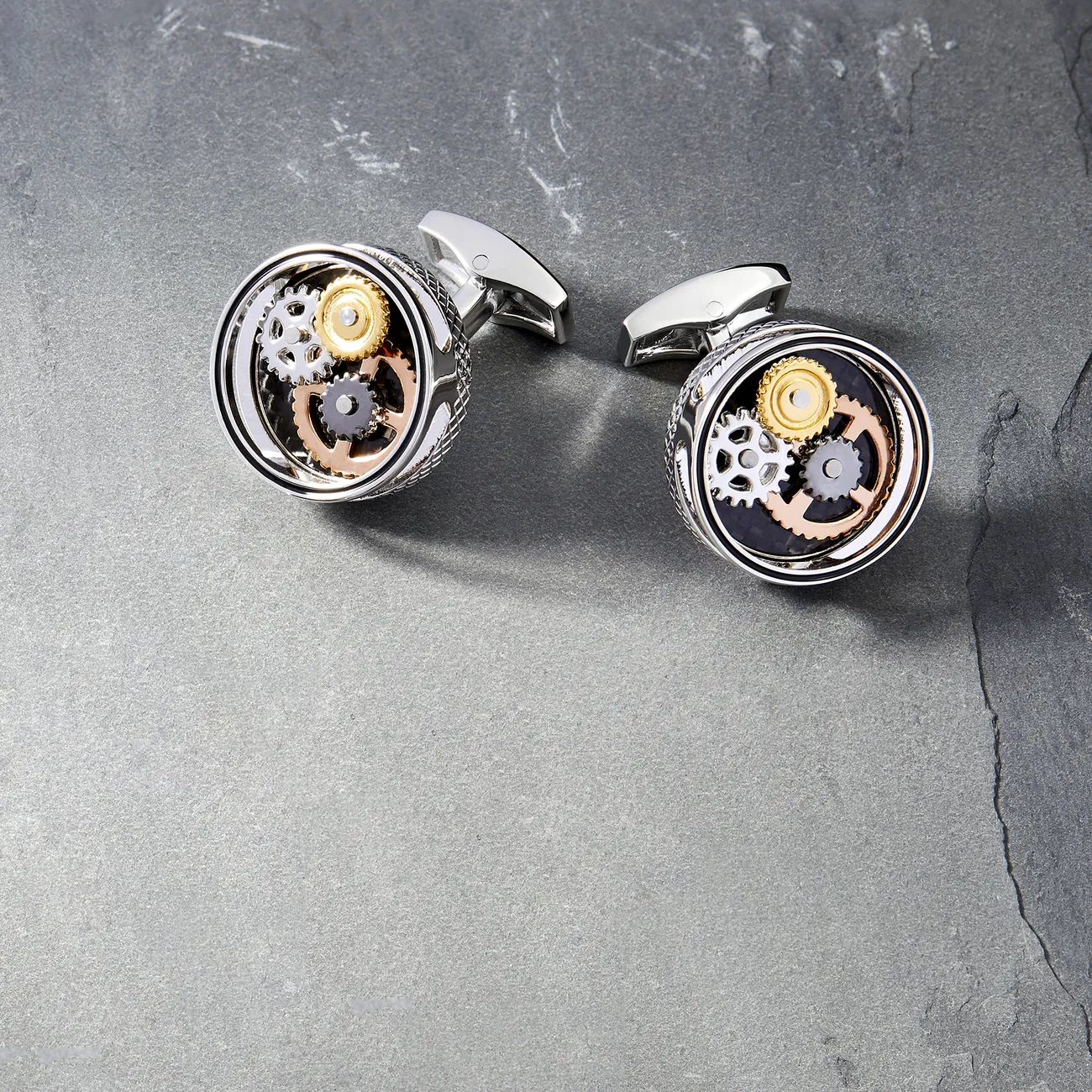 Tateossian Round Gear Carbon Fibre cufflinks with rhodium finish