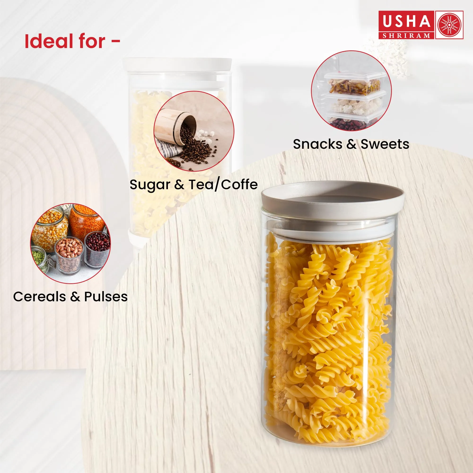 USHA SHRIRAM Food Storage Conatiner with Airtight Lid (4Pcs - 1L each)| Borosilicate Glass Container For Kitchen Storage| Glass Container With Lid For Fridge Storage| Stackage Storage Boxes for Fridge