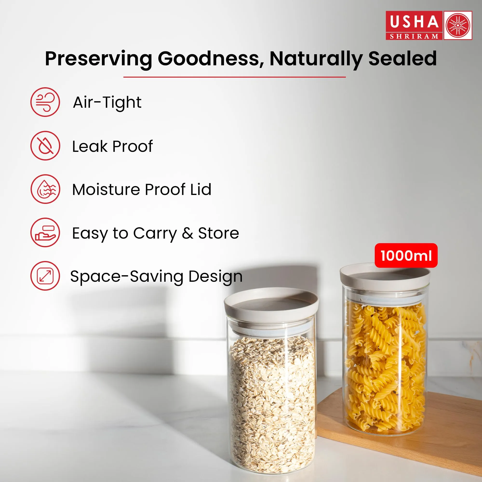 USHA SHRIRAM Food Storage Conatiner with Airtight Lid (4Pcs - 1L each)| Borosilicate Glass Container For Kitchen Storage| Glass Container With Lid For Fridge Storage| Stackage Storage Boxes for Fridge