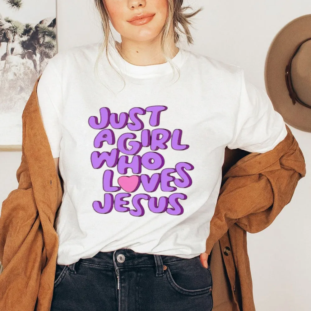 Women  Just A girl Loves Jesus Print Graphic T-shirt