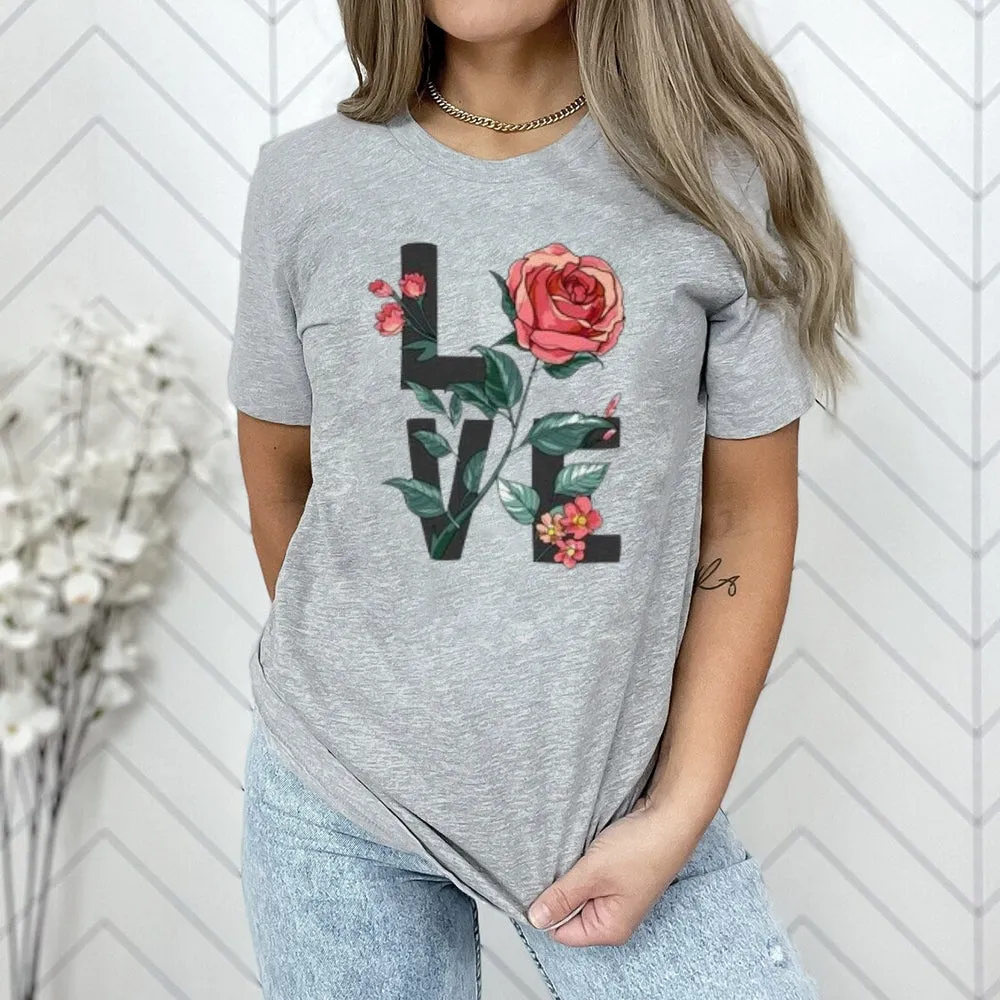 Women Love Flower Print Graphic T-shirt